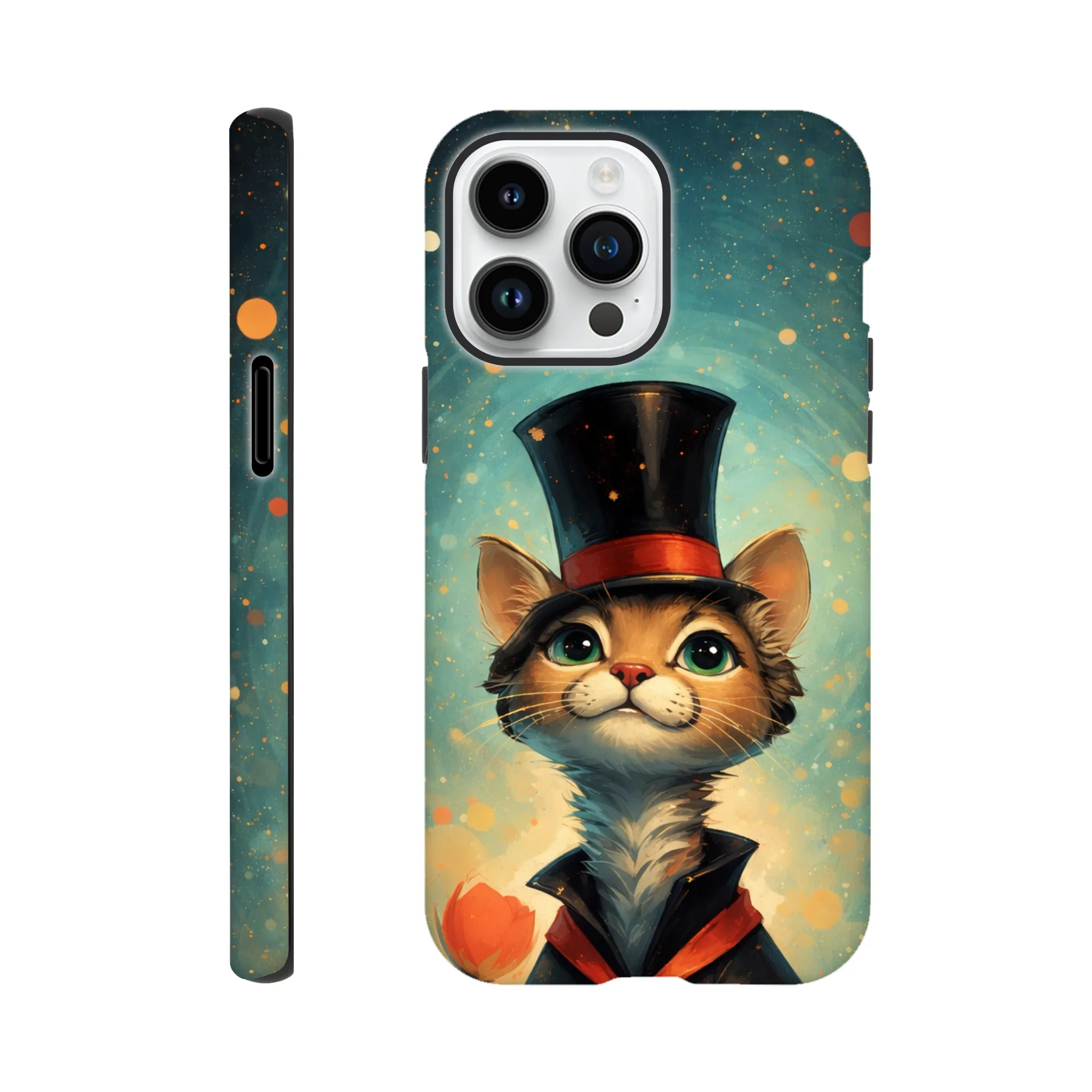 Vintage whimsical 1950’s cat with top hat retro atomic, art deco, mid century design protective mobile phone case. Tough custom iPhone compatible mobile phone case. Aialchemyart.co.uk