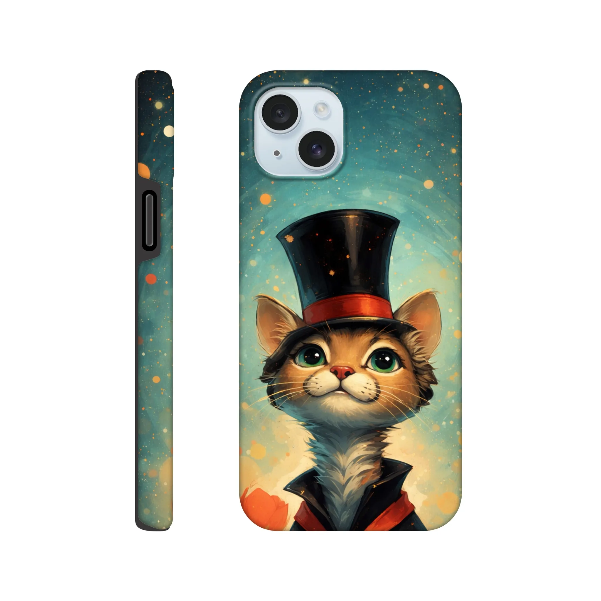 Vintage whimsical 1950’s cat with top hat retro atomic, art deco, mid century design protective mobile phone case. Tough custom iPhone compatible mobile phone case. Aialchemyart.co.uk