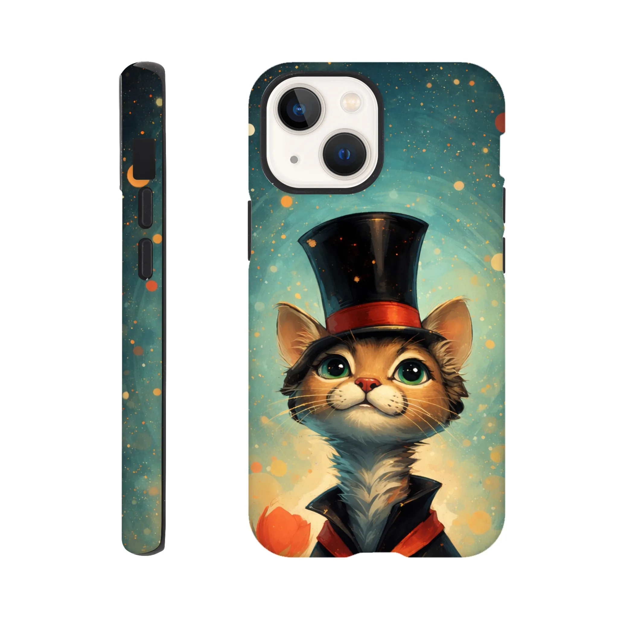 Vintage whimsical 1950’s cat with top hat retro atomic, art deco, mid century design protective mobile phone case. Tough custom iPhone compatible mobile phone case. Aialchemyart.co.uk