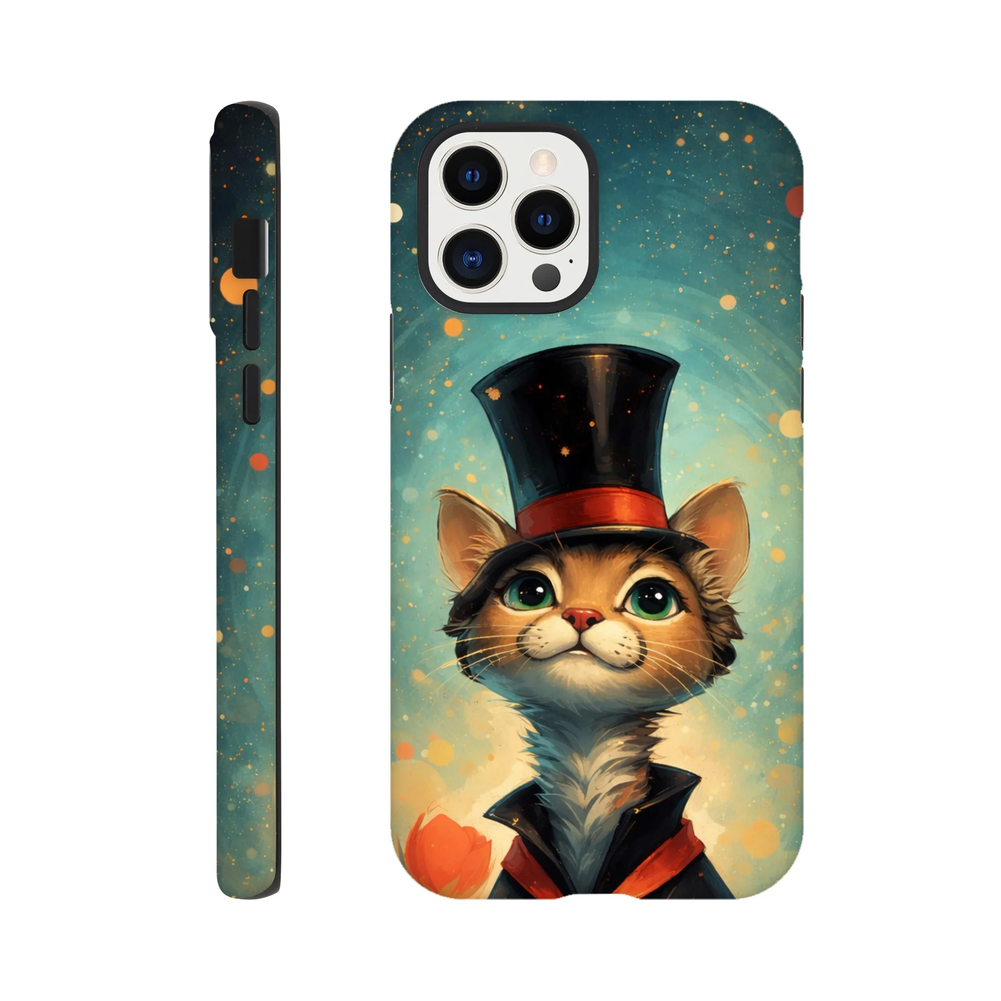 Vintage whimsical 1950’s cat with top hat retro atomic, art deco, mid century design protective mobile phone case. Tough custom iPhone compatible mobile phone case. Aialchemyart.co.uk