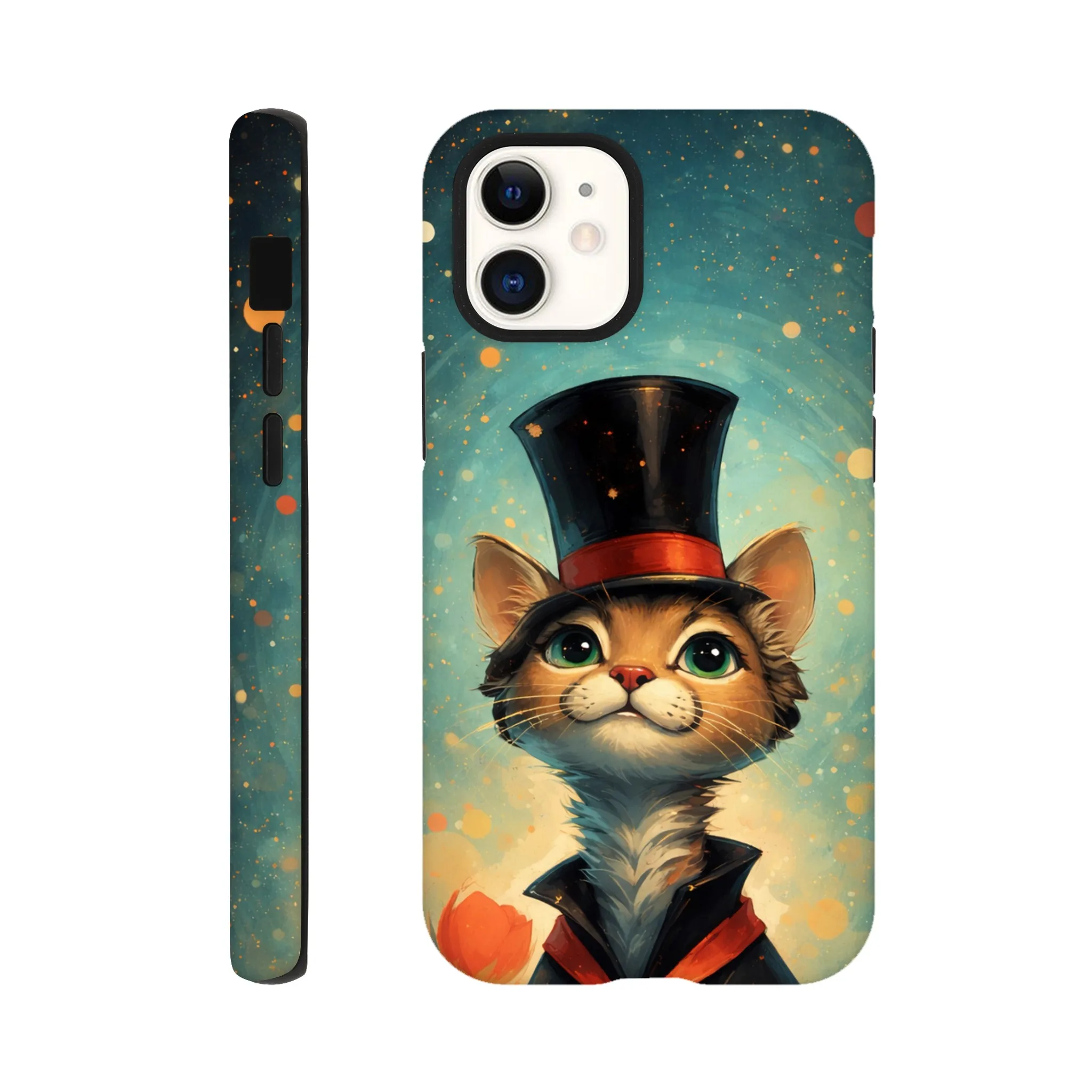 Vintage whimsical 1950’s cat with top hat retro atomic, art deco, mid century design protective mobile phone case. Tough custom iPhone compatible mobile phone case. Aialchemyart.co.uk
