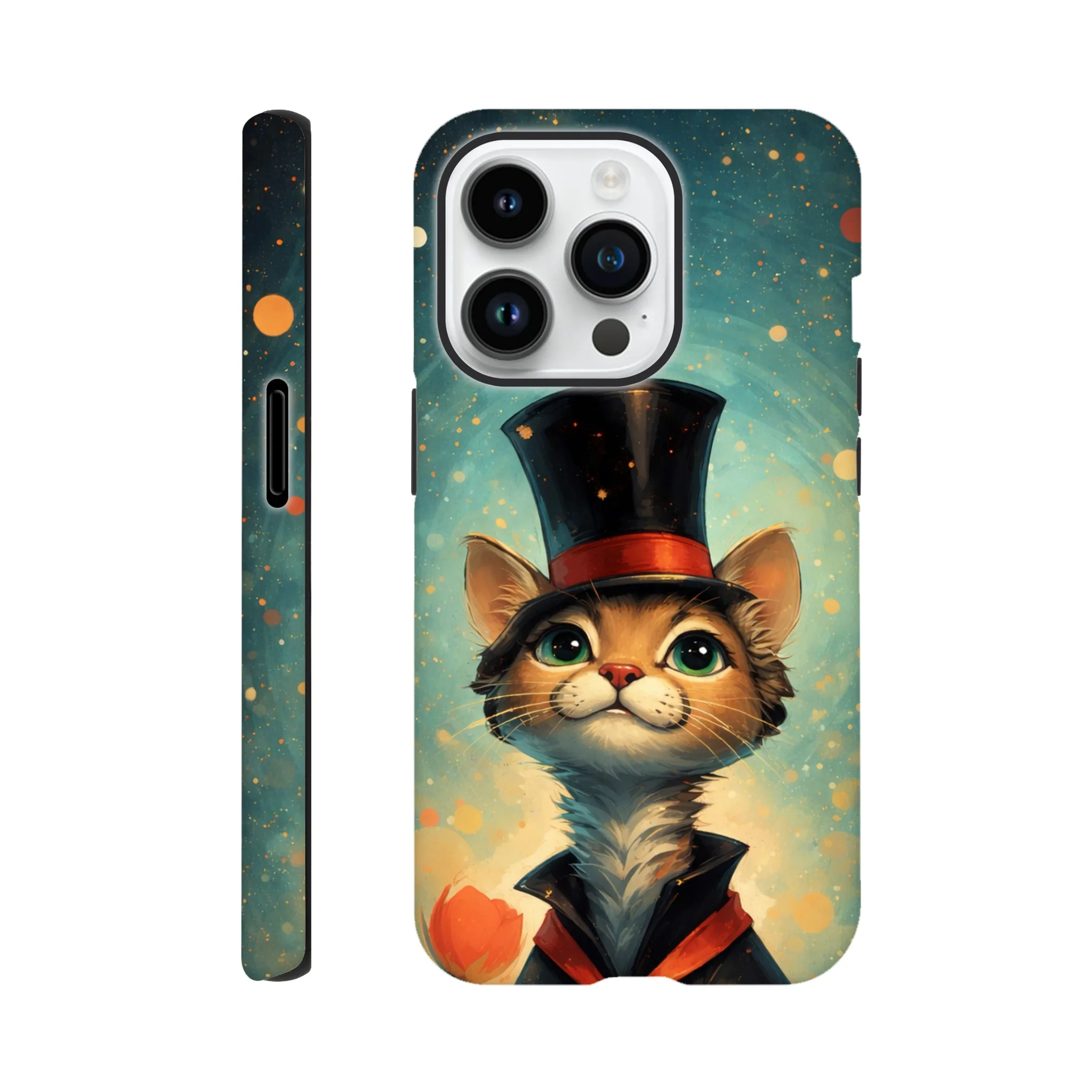 Vintage whimsical 1950’s cat with top hat retro atomic, art deco, mid century design protective mobile phone case. Tough custom iPhone compatible mobile phone case. Aialchemyart.co.uk