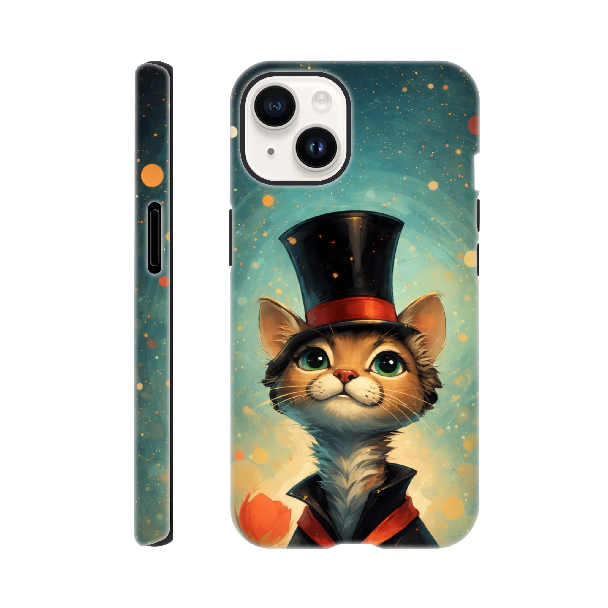 Vintage whimsical 1950’s cat with top hat retro atomic, art deco, mid century design protective mobile phone case. Tough custom iPhone compatible mobile phone case. Aialchemyart.co.uk