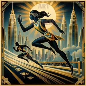 Art deco vintage starlight sprint. Two competitors run on a flowing vintage retro highway . The runners are athletic champions, a sunburst sunrise in the background. Aialchemyart.co.uk wall art best vintage prints and posters 1950’s chic classic art