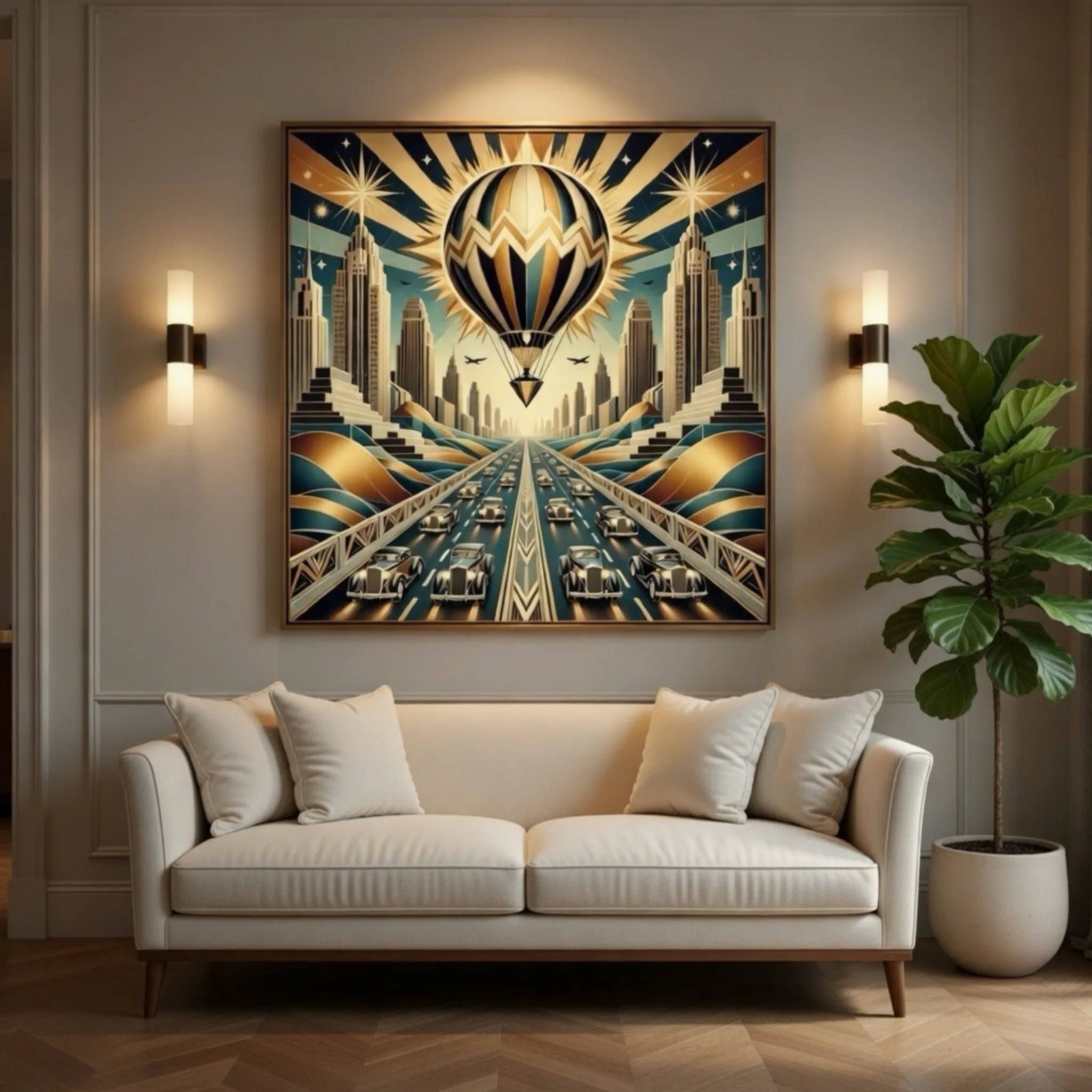 travel posters, and classic design. 1950’s-metropolis-art-cityscape-highway-art-deco-cars-gold-accents-retro-trending-best-prints-and-poster-wall-art-In-uk-trending-1950’s-aialchemyart.co.uk