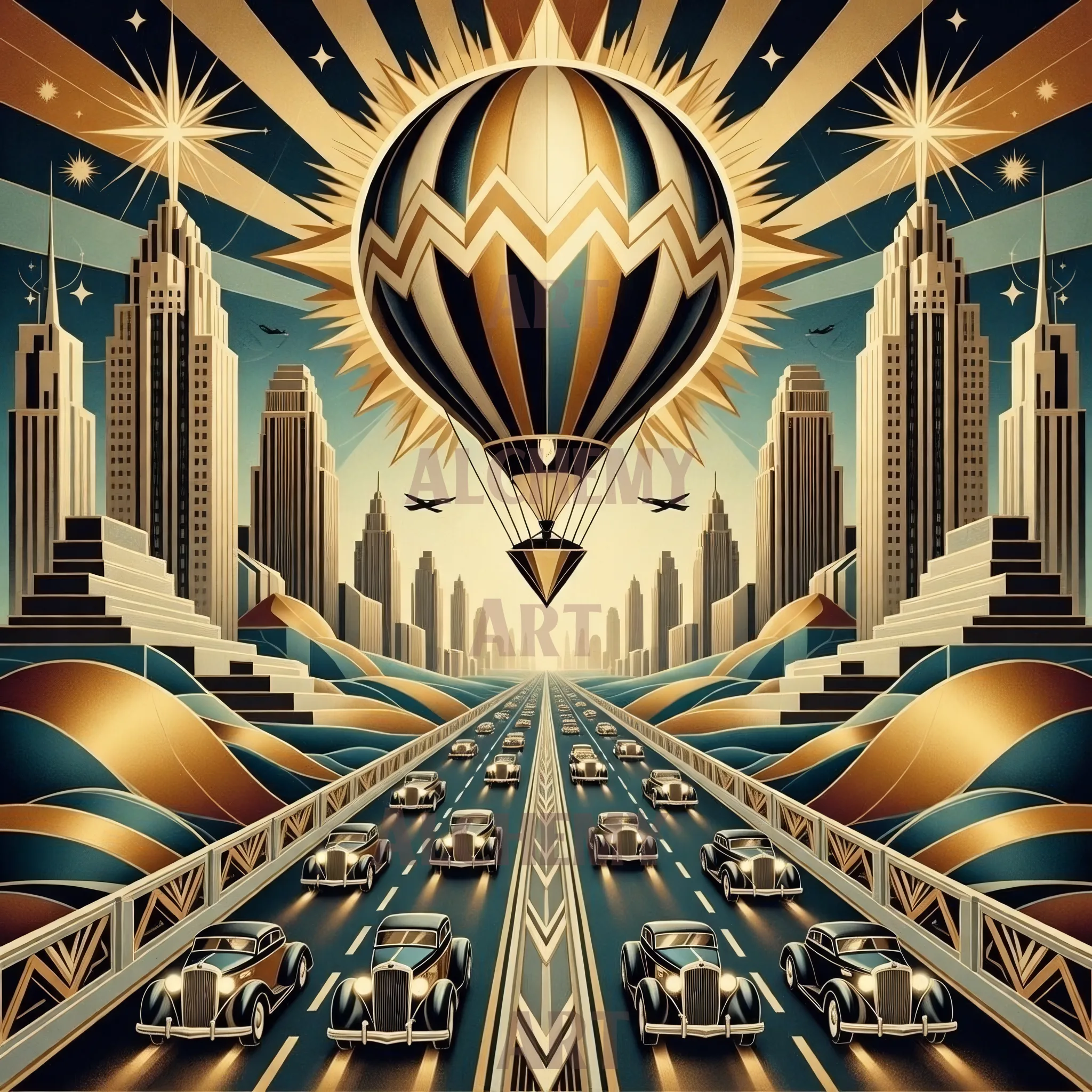travel posters, and classic design. 1950’s-metropolis-art-cityscape-highway-art-deco-cars-gold-accents-retro-trending-best-prints-and-poster-wall-art-In-uk-trending-1950’s-aialchemyart.co.uk travel poster design