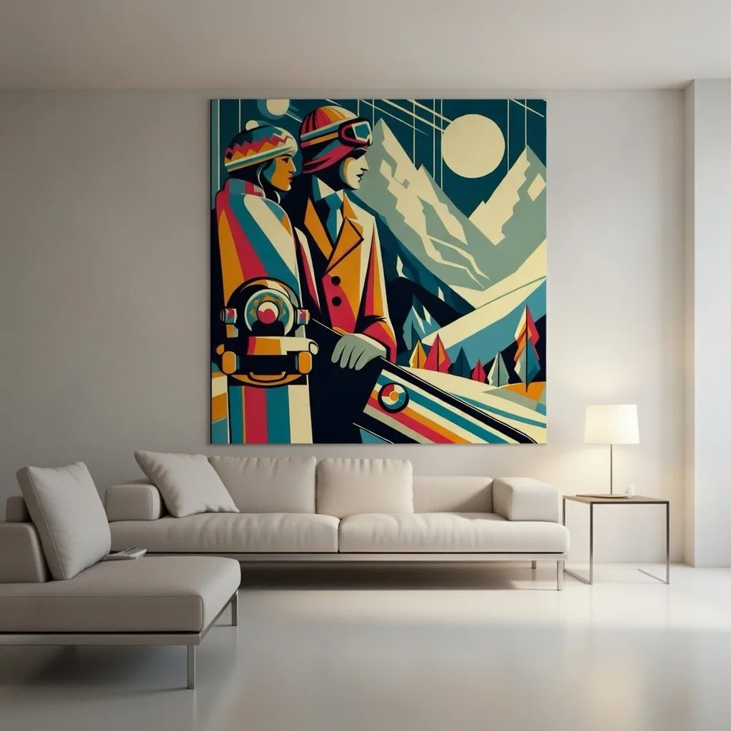 Vintage geometric art deco ski winter snow snowboarding art. Retro, 1950’s vintage prints and posters, wall art aialchemyart.co.uk winter sports