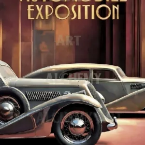 Vintage-art-deco-automobile-exposition-travel-poster-best-wall-art-fine-art-prints-retro-trending-art-uk-aialchemyart.co.uk-Classic car-art-chic-hot-rod-car-show-poster-prints-art