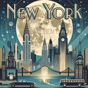Vintage-New-York-art-deco-travel-poster-best-wall-art-fine-art-prints-retro-trending-art-uk-aialchemyart.co.uk-blue-hues-Classic-city-art-chic
