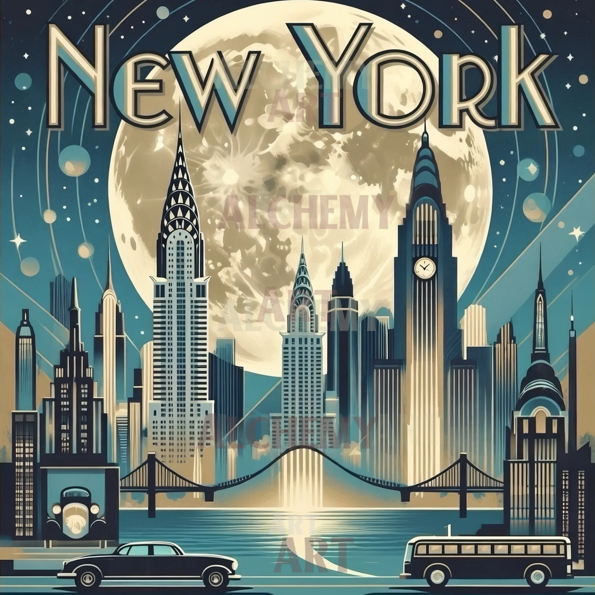 Vintage-New-York-art-deco-travel-poster-best-wall-art-fine-art-prints-retro-trending-art-uk-aialchemyart.co.uk-blue-hues-Classic-city-art-chic