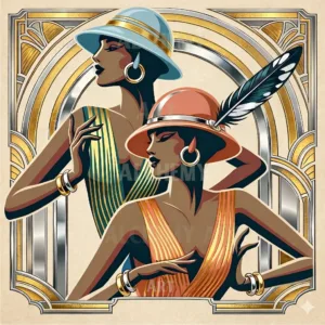 Art deco chic 1920’s flapper girls. Vintage art deco 1950’s wall art, best prints and posters in the uk aialchemyart.co.uk retro geometric girl with feather. Woman vintage muse