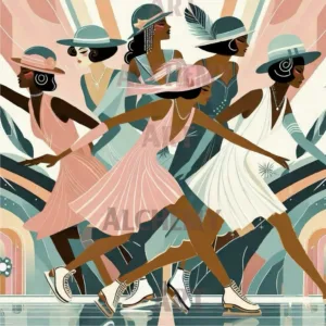 Art deco skating girls. Vintage girls dancing in pink dresses. 1950’s retro girl power. Women flapper girls dancing in pink. Aialchemyart.co.uk retro wall art. Retro prints and poster art, classic chic styalised ladies