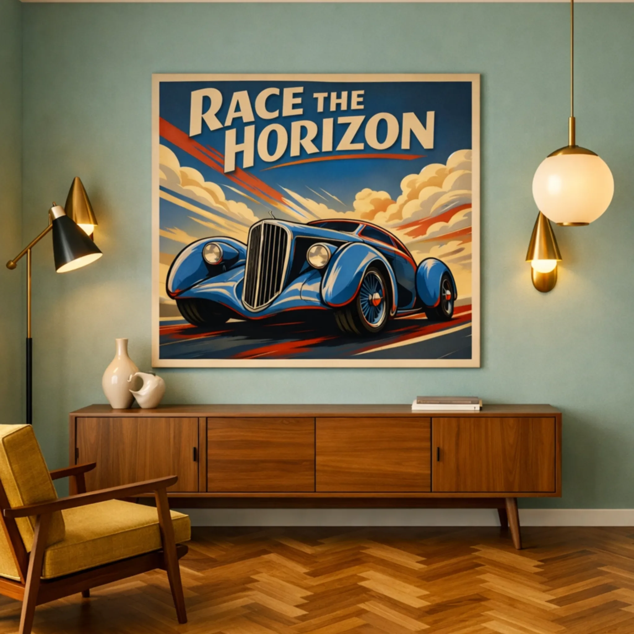 Vintage Art Deco racing poster featuring a blue retro car with Race the Horizon typography and weathered texture. Aialchemyart.co.uk retro classic car wall art affordable prints and posters