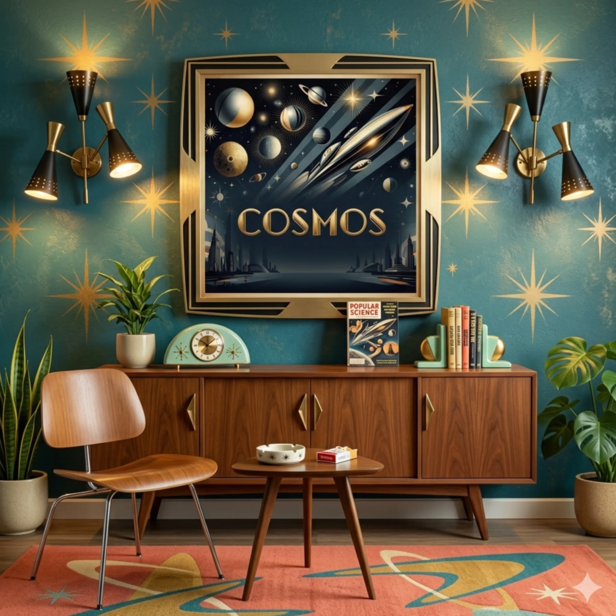 ATOMIC MID CENTURY 1950’S COSMOS SPACE ART Aialchemyart.co.uk retro art Deco wall art. Flying saucer space ship prints and poster art, ethereal planets with rays and planets. Affordable art with movement, futuristic