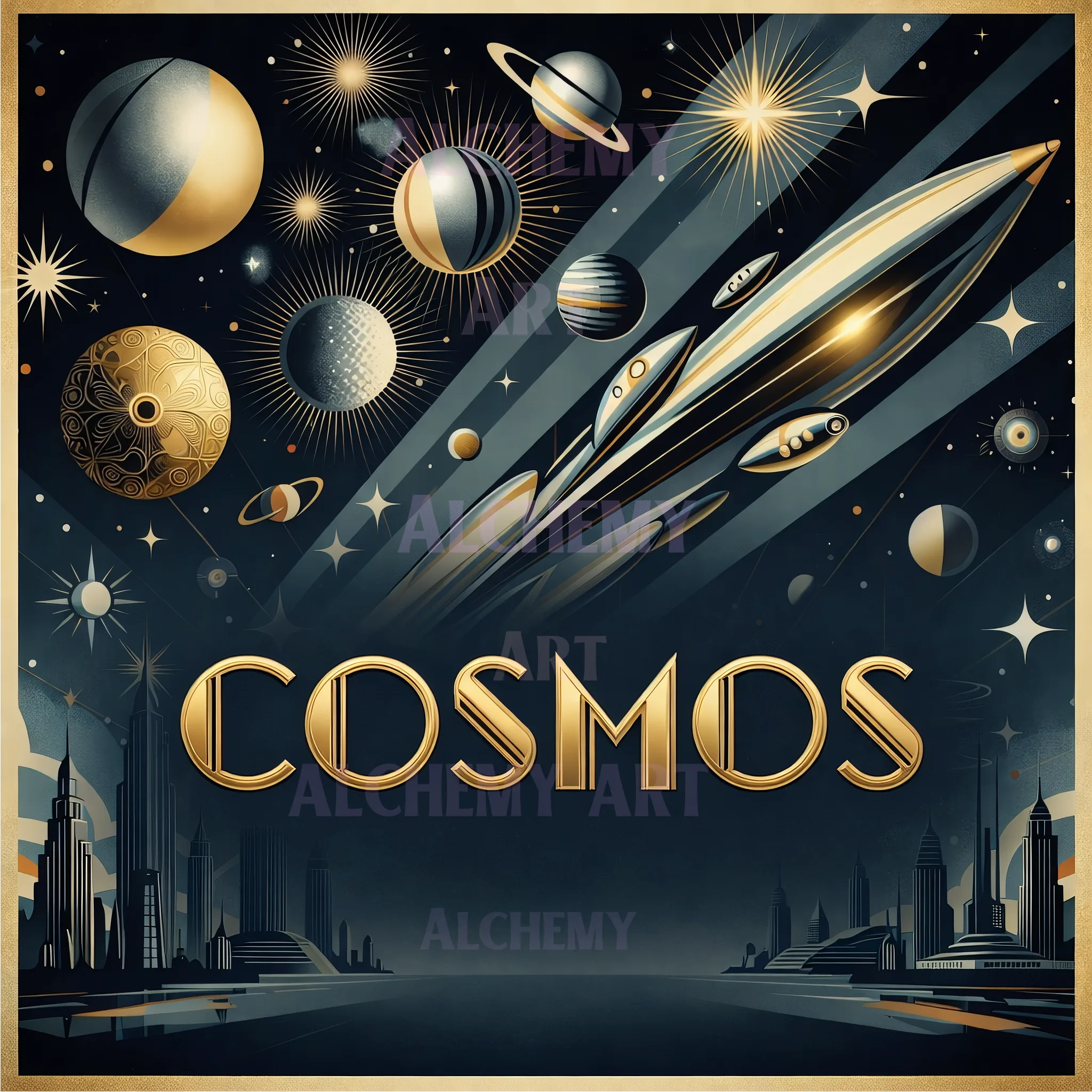 ATOMIC MID CENTURY 1950’S COSMOS SPACE ART Aialchemyart.co.uk retro art Deco wall art. Flying saucer space ship prints and poster art, ethereal planets with rays and planets. Affordable art with movement, futuristic