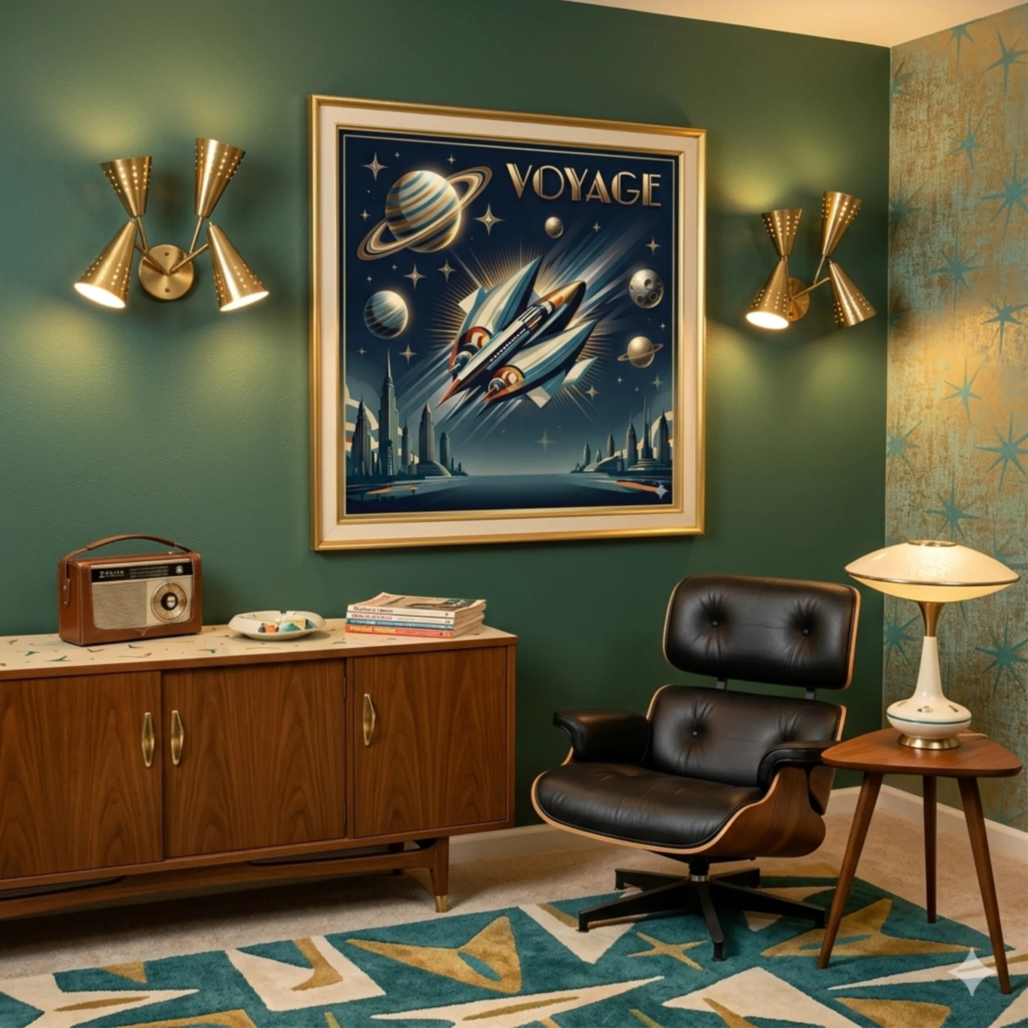 ATOMIC MID CENTURY 1950’S voyage SPACE ART Aialchemyart.co.uk retro art Deco wall art. Flying saucer space ship prints and poster art, ethereal planets with rays and planets. Affordable art with movement, futuristic