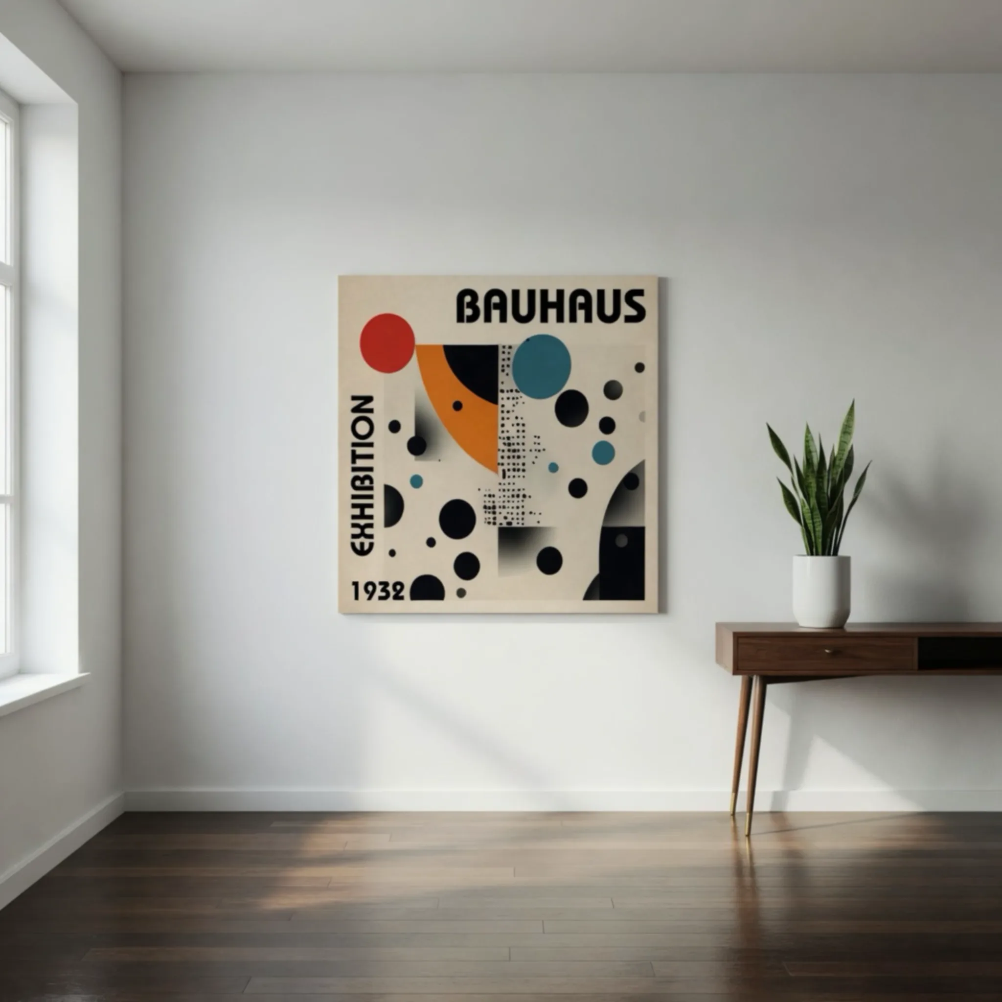 Vintage Bauhaus exhibition poster 1932 graphic wall art print from Aialchemyart.co.uk featuring abstract retro art deco geometric shapes and circles. Prints and posters