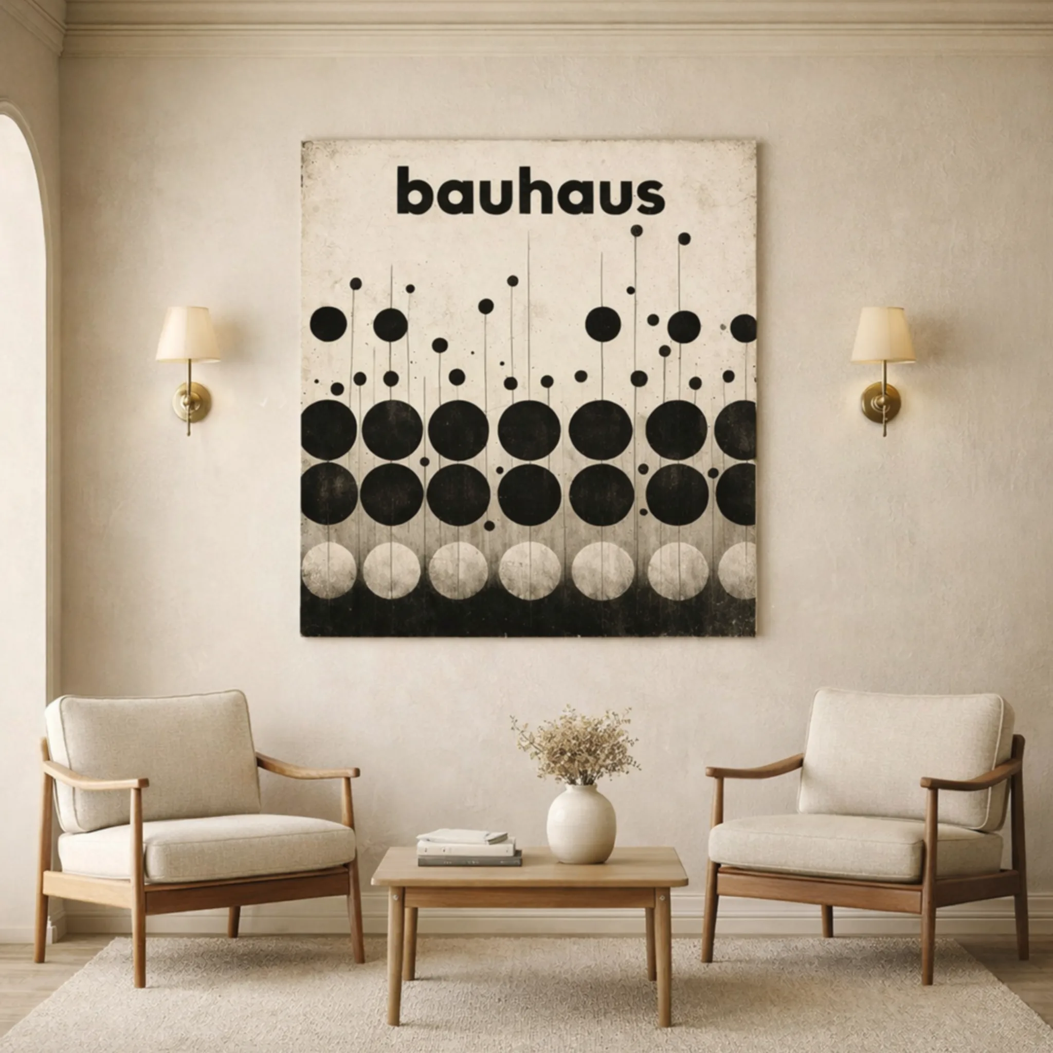 Vintage black and white Bauhaus art deco print featuring rows of geometric dots and vertical lines on textured paper. Retro wall art Aialchemyart.co.uk