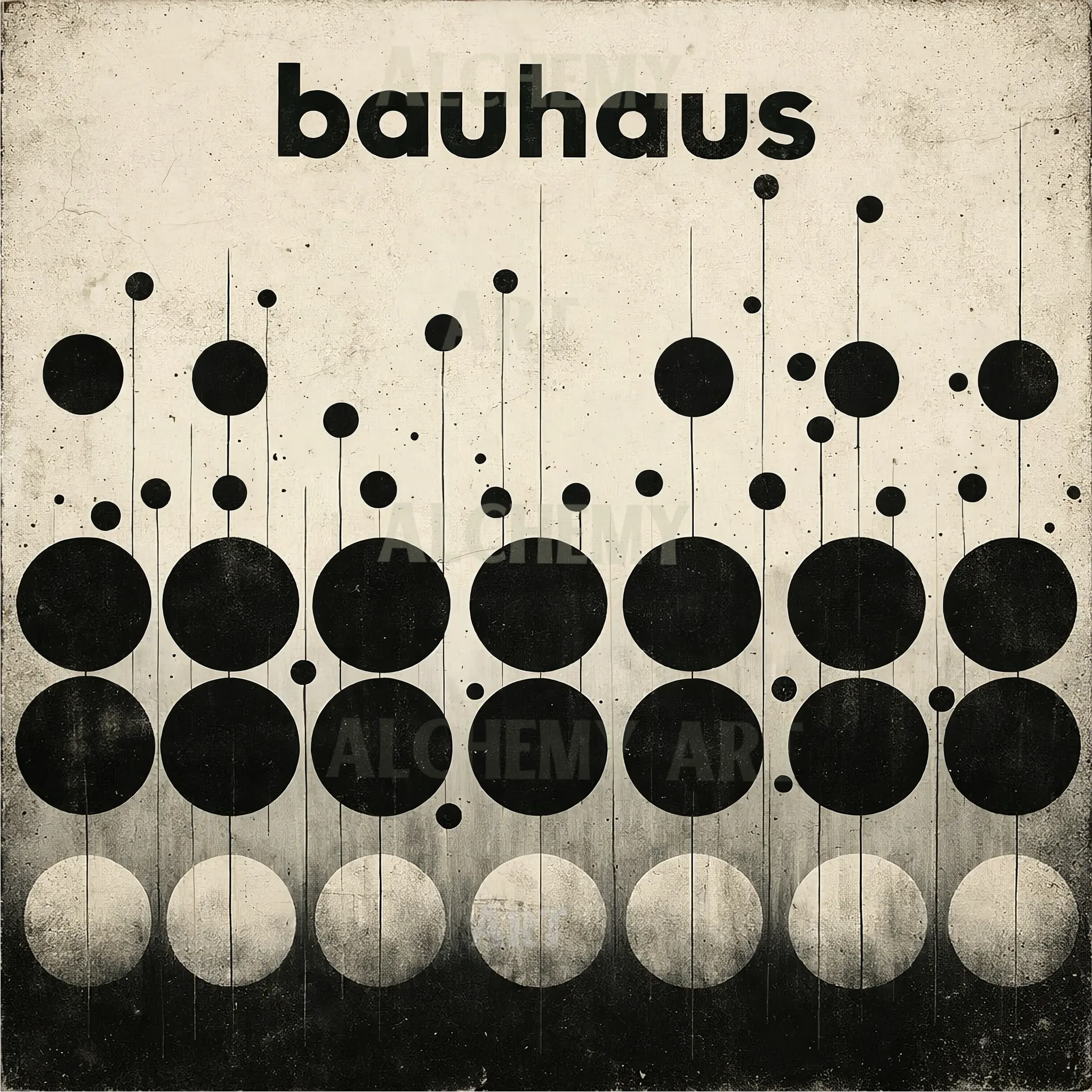 Vintage black and white Bauhaus art deco print featuring rows of geometric dots and vertical lines on textured paper. Retro wall art Aialchemyart.co.uk