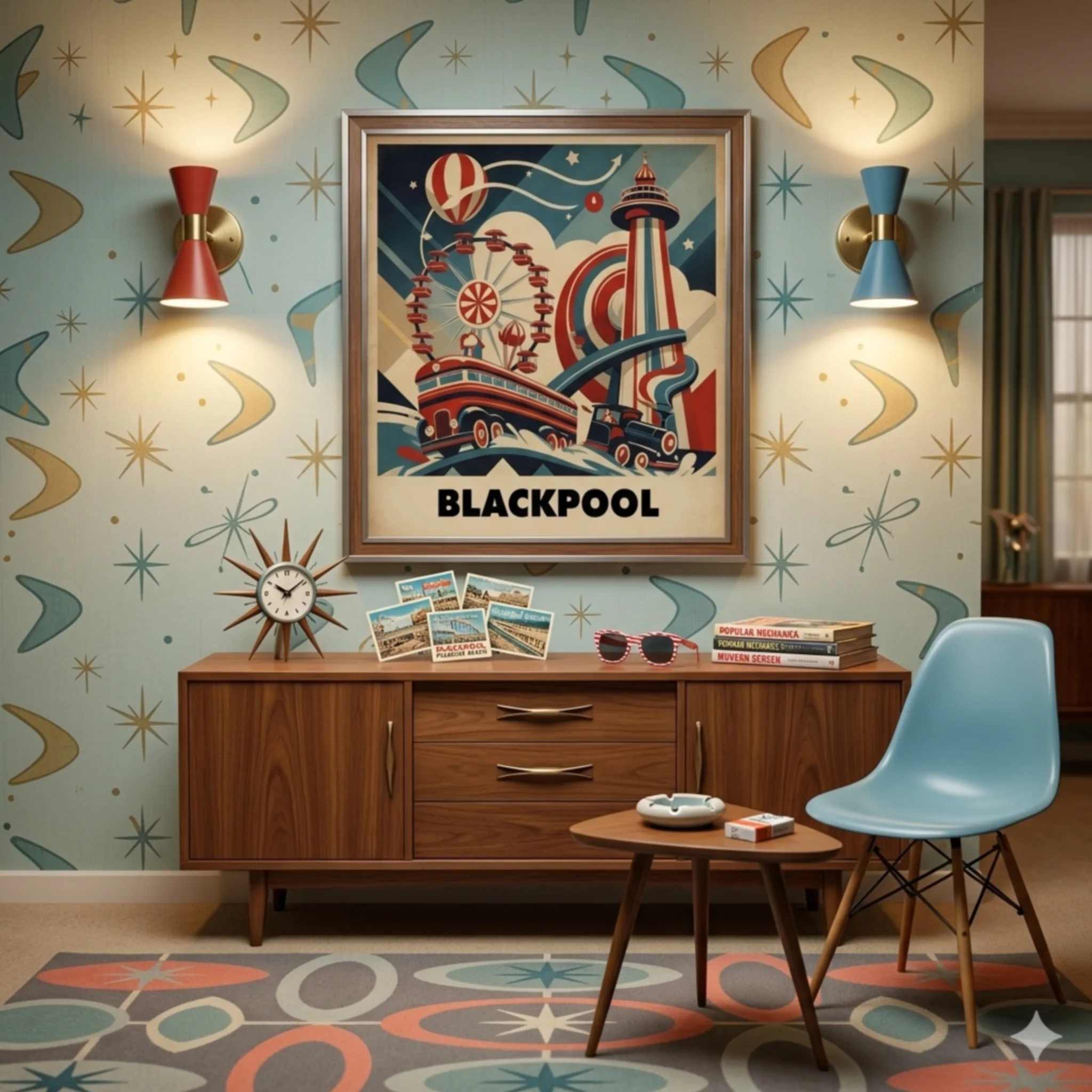 Blackpool vintage travel poster and print art. Aialchemyart.co.uk north west coastal sea print. Funfair ocean art. Railway style advertisement 1950’s. Retro wall art. Blackpool pleasure beach affordable art, minimalist art deco tower and ferris wheel hot air balloon fun nostalgic illustration
