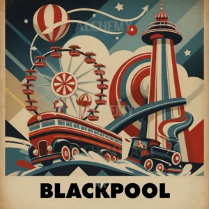 Blackpool vintage travel poster and print art. Aialchemyart.co.uk north west coastal sea print. Funfair ocean art. Railway style advertisement 1950’s. Retro wall art. Blackpool pleasure beach affordable art, minimalist art deco tower and ferris wheel hot air balloon fun nostalgic illustration
