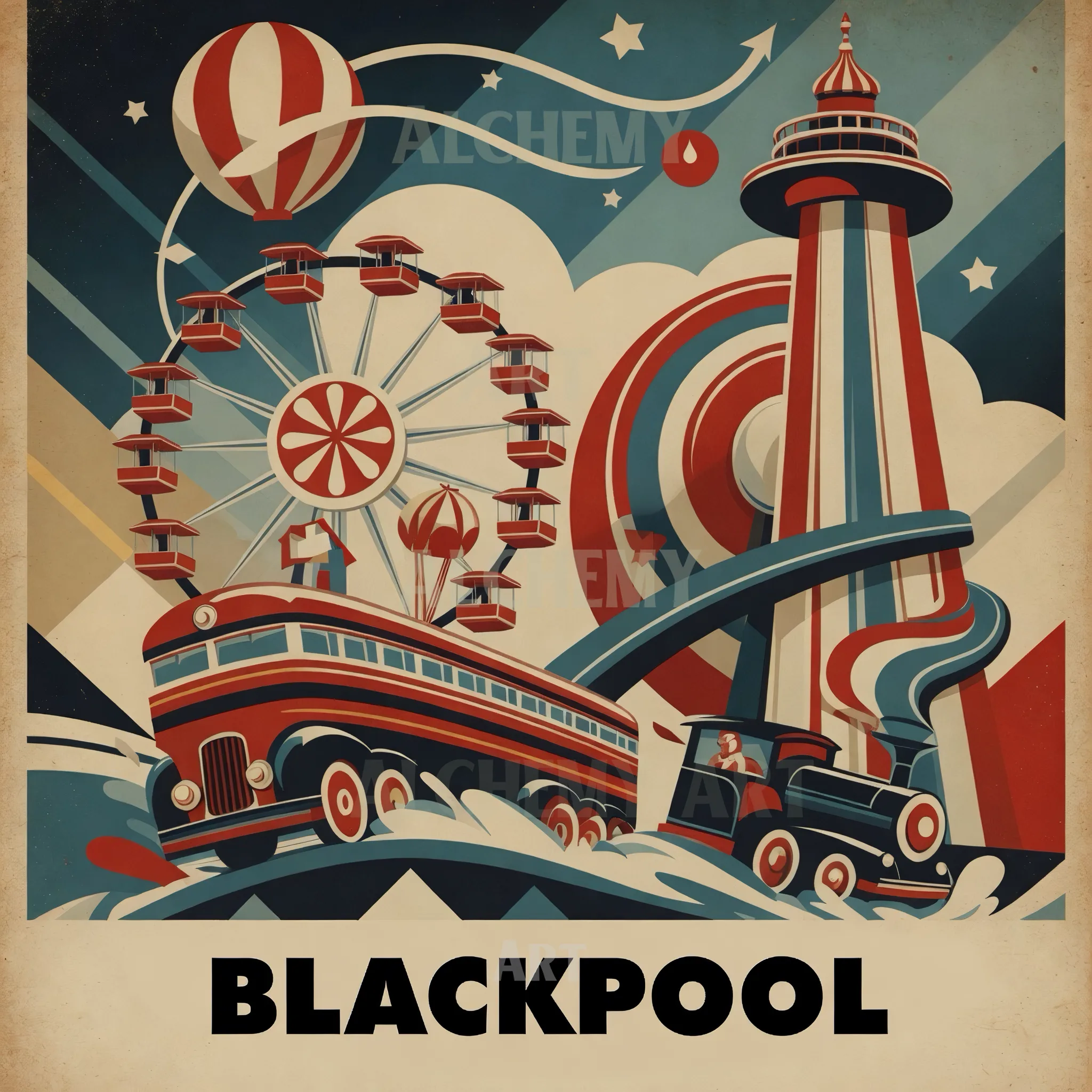 Blackpool vintage travel poster and print art. Aialchemyart.co.uk north west coastal sea print. Funfair ocean art. Railway style advertisement 1950’s. Retro wall art. Blackpool pleasure beach affordable art, minimalist art deco tower and ferris wheel hot air balloon fun nostalgic illustration