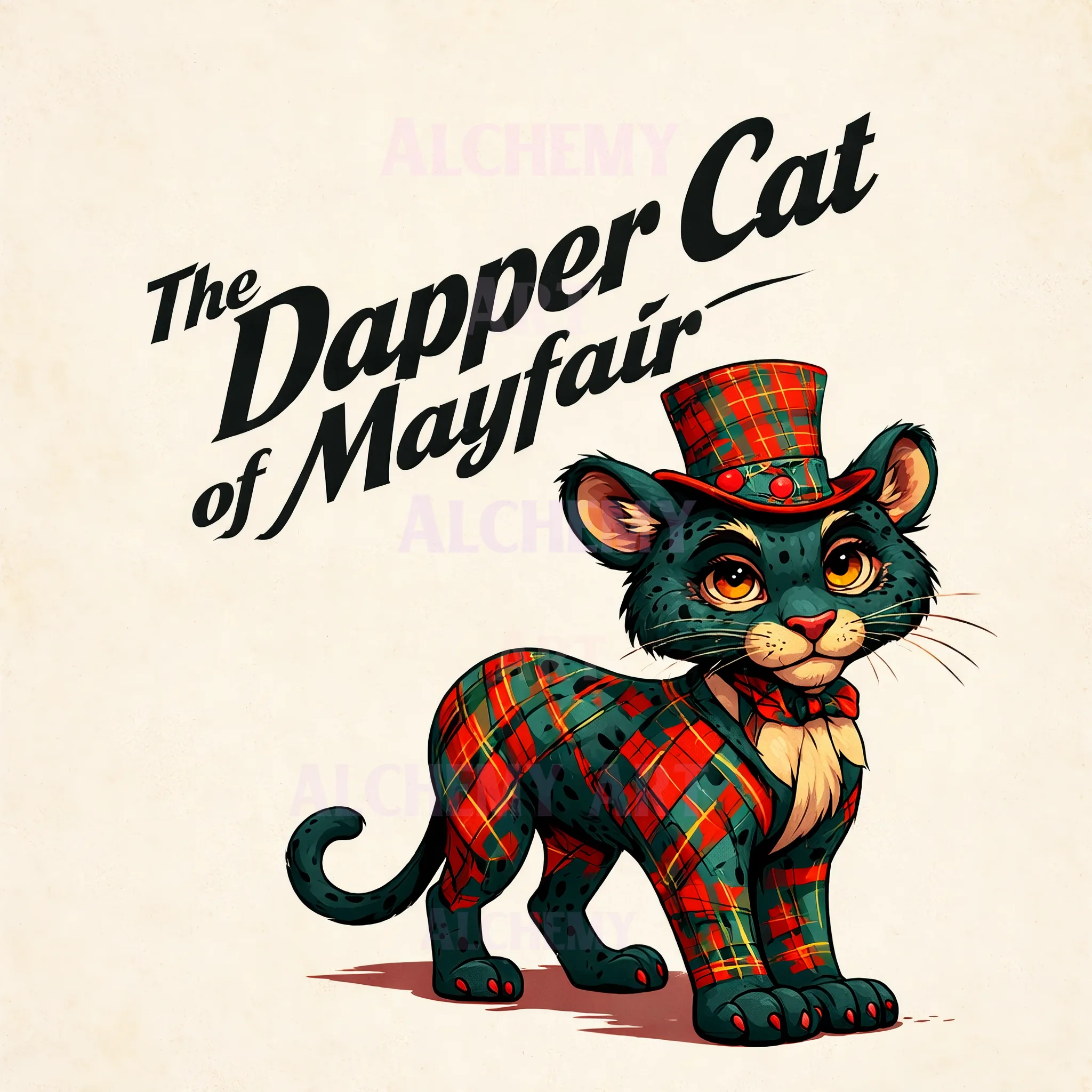 Vintage whimsical cat art poster titled The Dapper Cat of Mayfair from Aialchemyart.co.uk featuring a stylized feline cub wearing a red and green tartan plaid suit and top hat against a cream background.