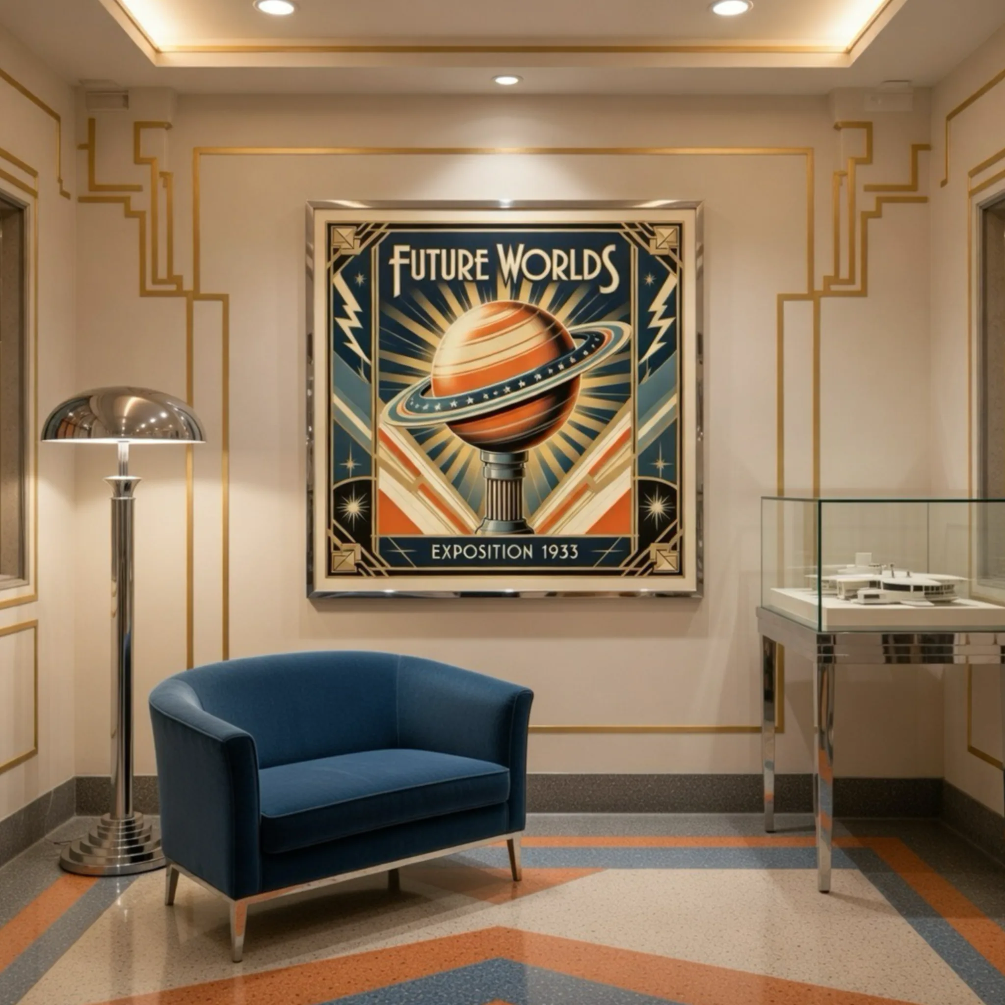 Future worlds exposition 1933. Space planet art. Sci fi earth globe abstract art. Art deco sunburst wall art. Vintage retro 1950’s prints and poster art. Aialchemyart.co.uk unique classic vintage affordable art for sale