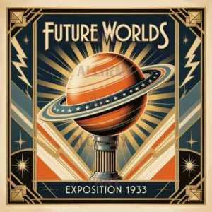 Future worlds exposition 1933. Space planet art. Sci fi earth globe abstract art. Art deco sunburst wall art. Vintage retro 1950’s prints and poster art. Aialchemyart.co.uk unique classic vintage affordable art for sale