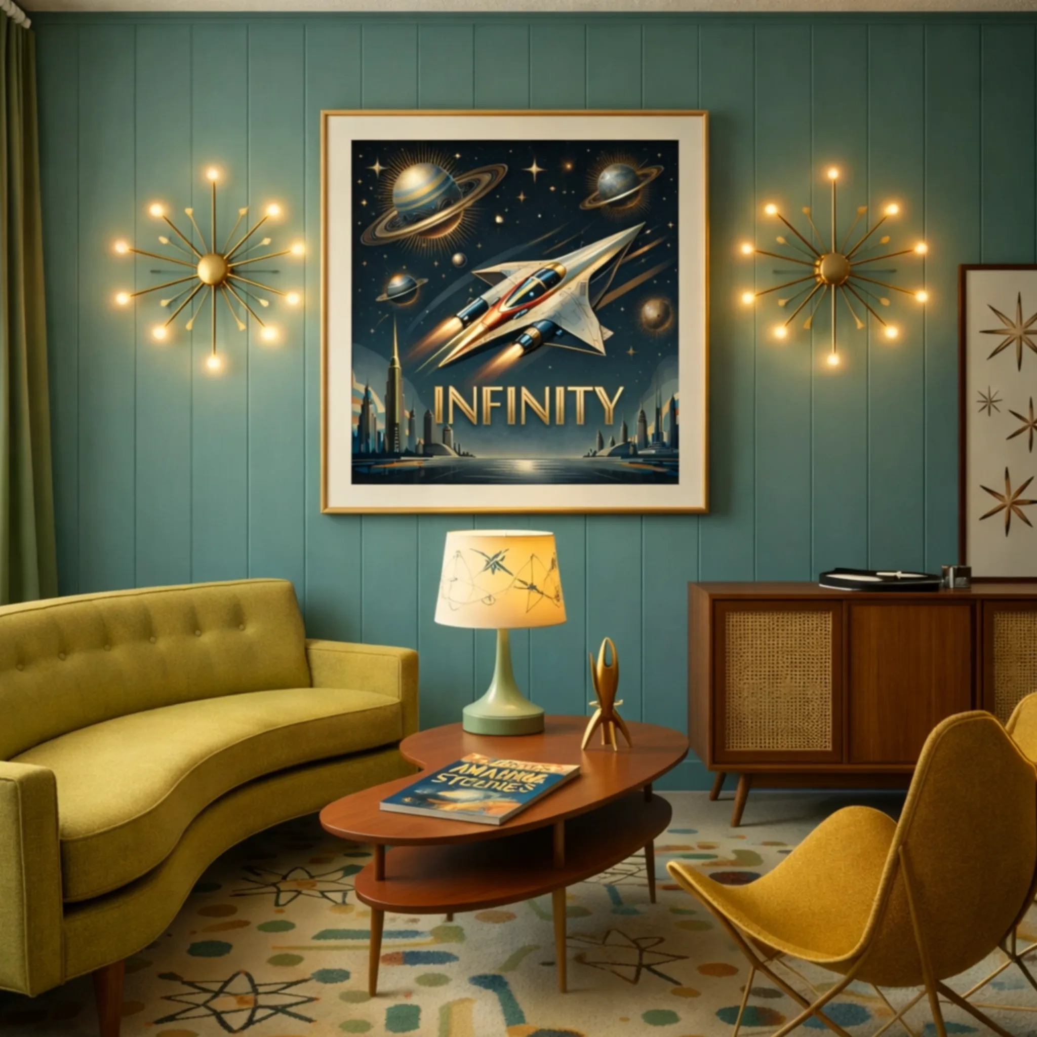 Atomic mid-century space vintage art poster with retro rocket, planets, and gold lettering." Infinity aialchemyart.co.uk 1950’s affordable online art posters