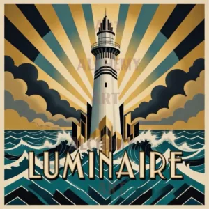 Luminaire vintage lighthouse art. Stormy Lighthouse art print on Aialchemyart.co.uk sea art, Poster art, vintage Strorm wall art, best cloud art nostalgic ocean art, trending vintage art deco art mid century retro wall art deco sea art dark clouds at night