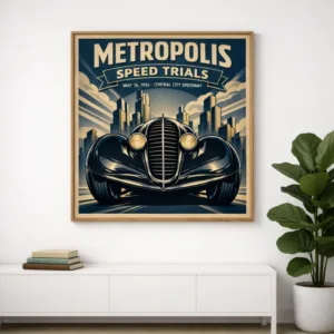 Vintage Metropolis Speed Trials 1934 graphic wall art print from Aialchemyart.co.uk featuring a retro racing car and city skyline. Art deco poster affordable classic car art