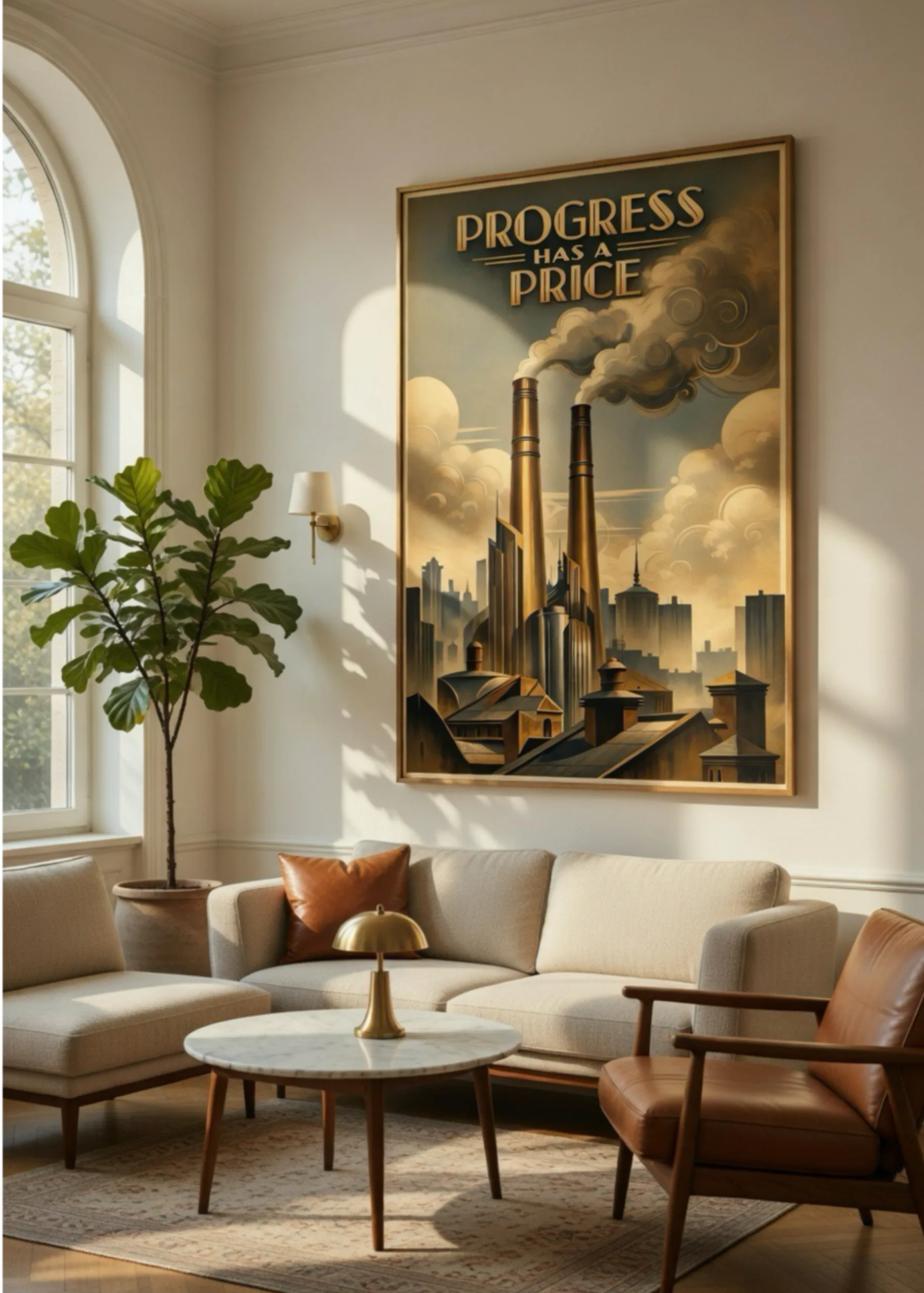 Progress has a price. Vintage industrial art. Smoke stack chimneys. City Victorian art. Retro 1950’s art deco Gold accents. Aialchemyart.co.uk online affordable art for sale. Best prints and posters uk. Classic unique vintage art