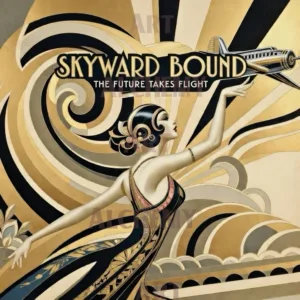 Skyward bound woman muse art. Art deco flapper lady in 1920’s hat, dressed in gold with arms outstretched in pose. Aialchemyart.co.uk geometric retro pattern with aeroplane prints and posters. Vintage affordable wall art. 1950’s girl power