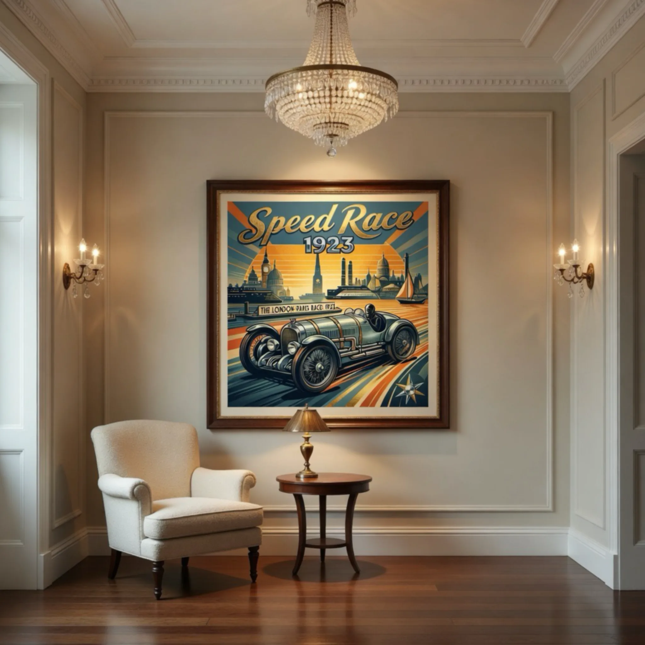 Speed race 1923 automobile art. Classic car motorcar race. Best vintage, art deco wall art prints and posters uk aialchemyart.co.uk Art deco car. Automobile transport retro classic car wall art print. Gold accents 1920’s art deco London Paris race