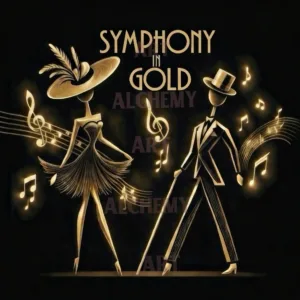 Symphony in gold dance art. Gold and black musical note art. Minimalist jazz dance. Glamorous retro vintage 1950’s wall art prints and posters uk.affordable art deco stunning styalised dancing couple, naive sentimental nostalgic boogie woogie music aialchemyart.co.uk 1920’s flapper glamour