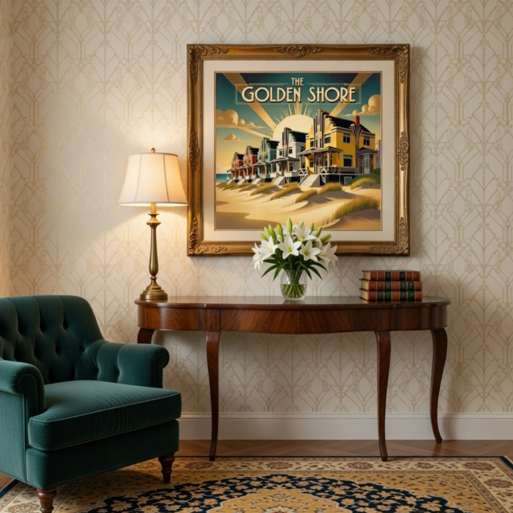 The golden shore vintage art deco beach hut art. Sand dunes ocean sea art. Architectural art deco building art. Designed by aialchemyart.co.uk Bauhaus vintage abstract art. Vintage, retro, 1950s wall art, prints and posters. Trending art. Aialchemyart.co.uk brutalist 1920’s trending geometric cubist art deco industrial art