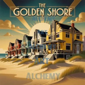 The golden shore vintage art deco beach hut art. Sand dunes ocean sea art. Architectural art deco building art. Designed by aialchemyart.co.uk Bauhaus vintage abstract art. Vintage, retro, 1950s wall art, prints and posters. Trending art. Aialchemyart.co.uk brutalist 1920’s trending geometric cubist art deco industrial art