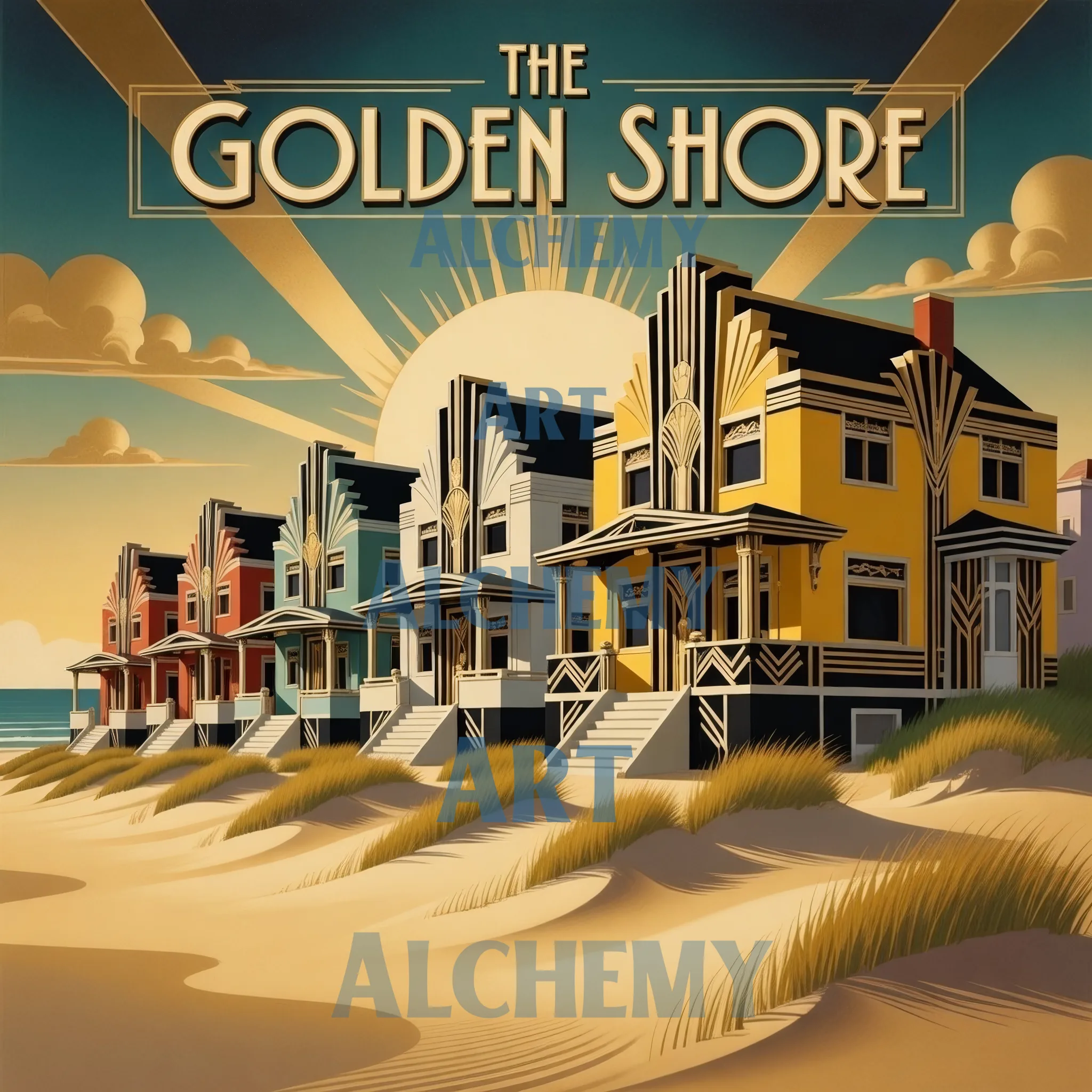 The golden shore vintage art deco beach hut art. Sand dunes ocean sea art. Architectural art deco building art. Designed by aialchemyart.co.uk Bauhaus vintage abstract art. Vintage, retro, 1950s wall art, prints and posters. Trending art. Aialchemyart.co.uk brutalist 1920’s trending geometric cubist art deco industrial art