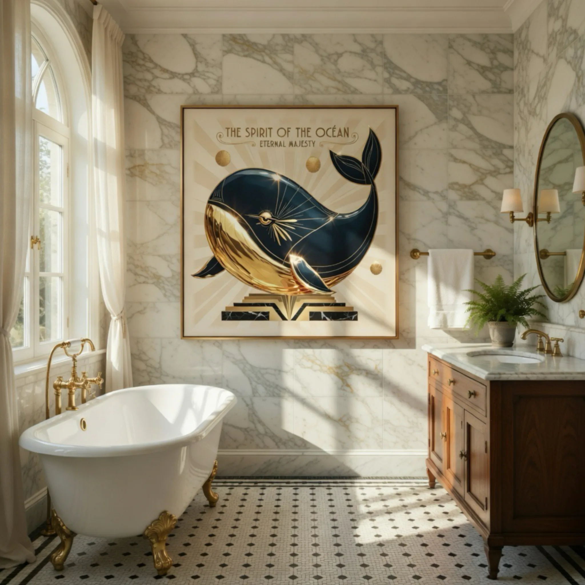 The spirit of the ocean vintage whale sea art. Eternal majesty ocean beach bathroom decor. Retro 1950’s art deco nature print. Large fish art. Gold accents. Aialchemyart.co.uk online affordable art for sale. Best prints and posters uk. Classic unique vintage art