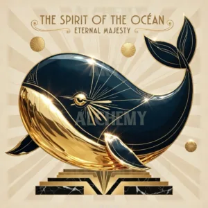 The spirit of the ocean vintage whale sea art. Eternal majesty ocean beach bathroom decor. Retro 1950’s art deco nature print. Large fish art. Gold accents. Aialchemyart.co.uk online affordable art for sale. Best prints and posters uk. Classic unique vintage art