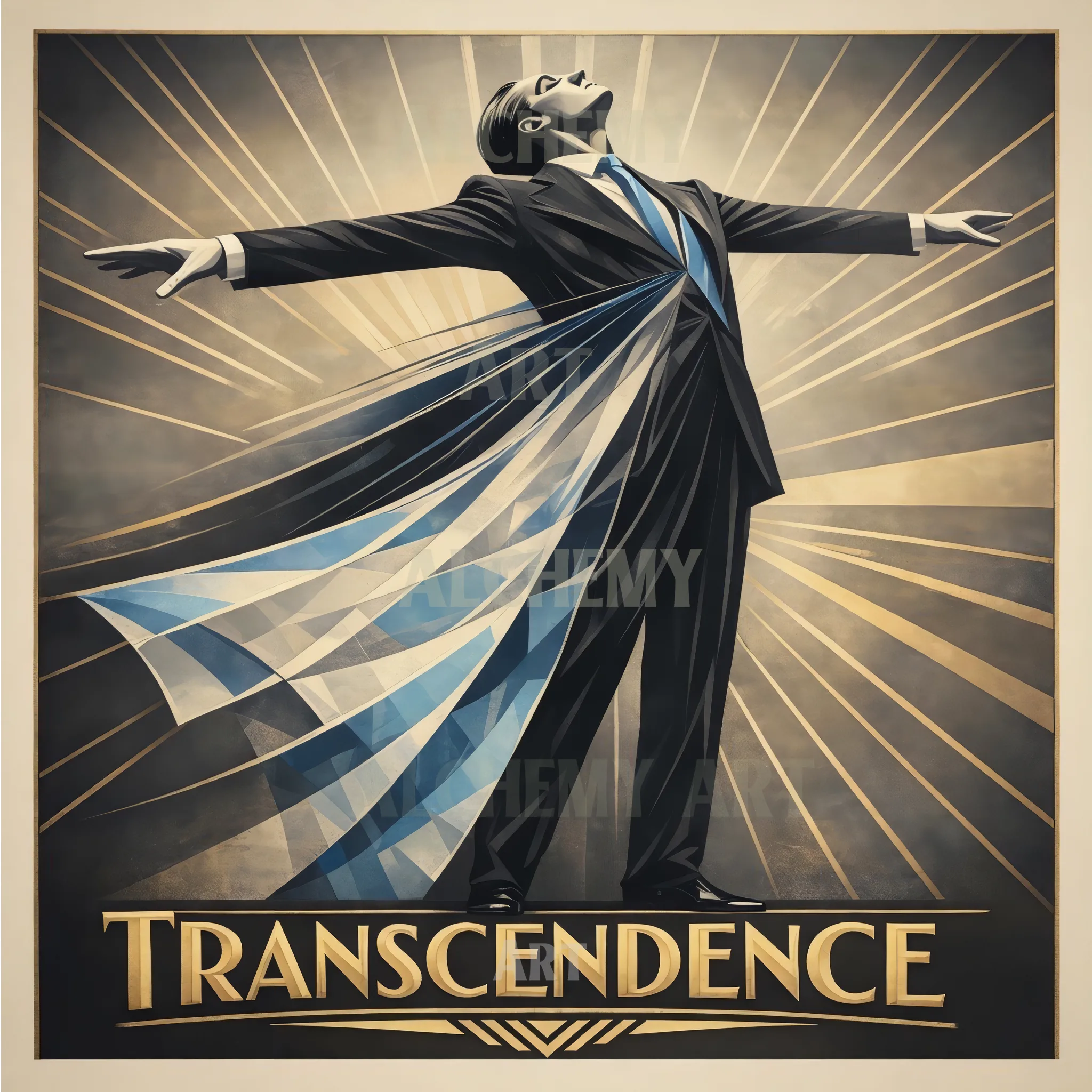 Transcendence vintage man art. Solitary meditation man art. Ethereal heavenly man in suit art. vintage art. Designed by aialchemyart.co.uk vintage abstract art. Vintage, retro, 1950s wall art, prints and poster art. Retro art deco wall art, art for thinking man