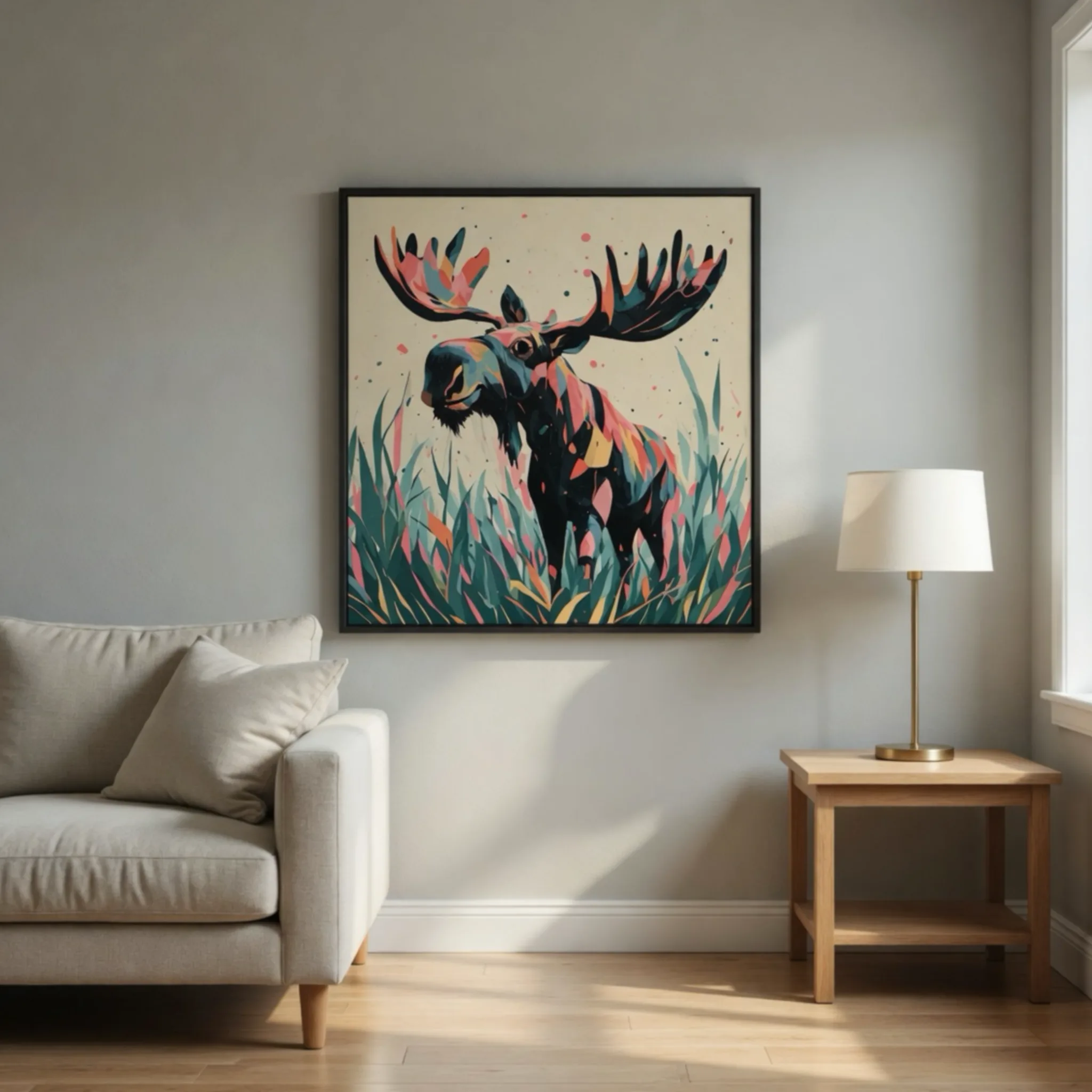 Vintage style colorful moose wall art prints and posters shows a striking black moose with vibrant pink, orange, and teal accents. This modern folk art canvas features dramatic antlers and tall grass details. Premium quality semi gloss print perfect for interiors. Abstract funky fun art from Aialchemyart.co.uk.