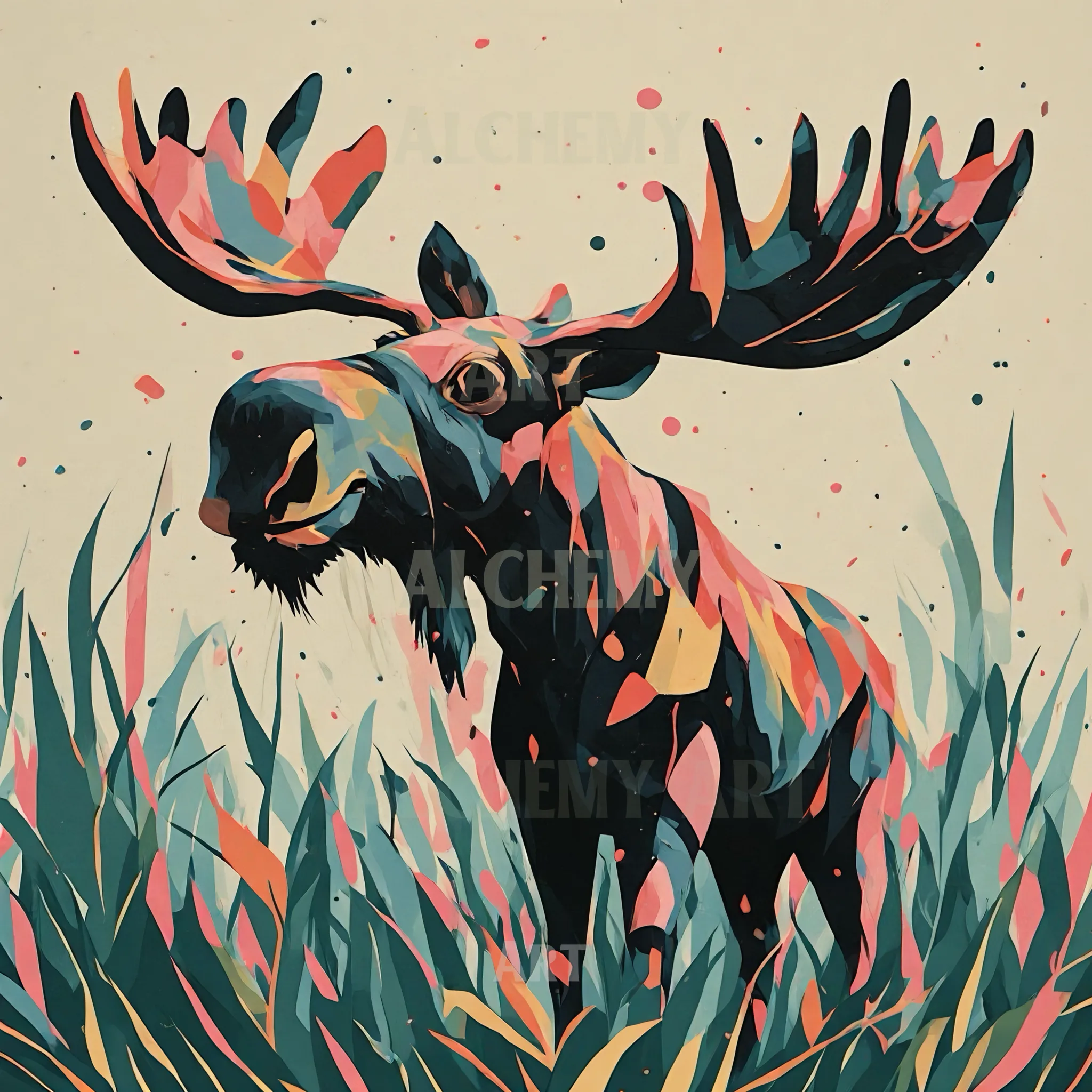 Vibrant vintage moose canvas print with colourful pink orange teal antlers and black silhouette by Aialchemyart.co.uk