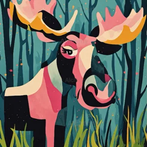 Abstract vintage animal moose art print featuring a whimsical and quirky stylized moose with pink and yellow antlers in a teal forest by Aialchemyart.co.uk.