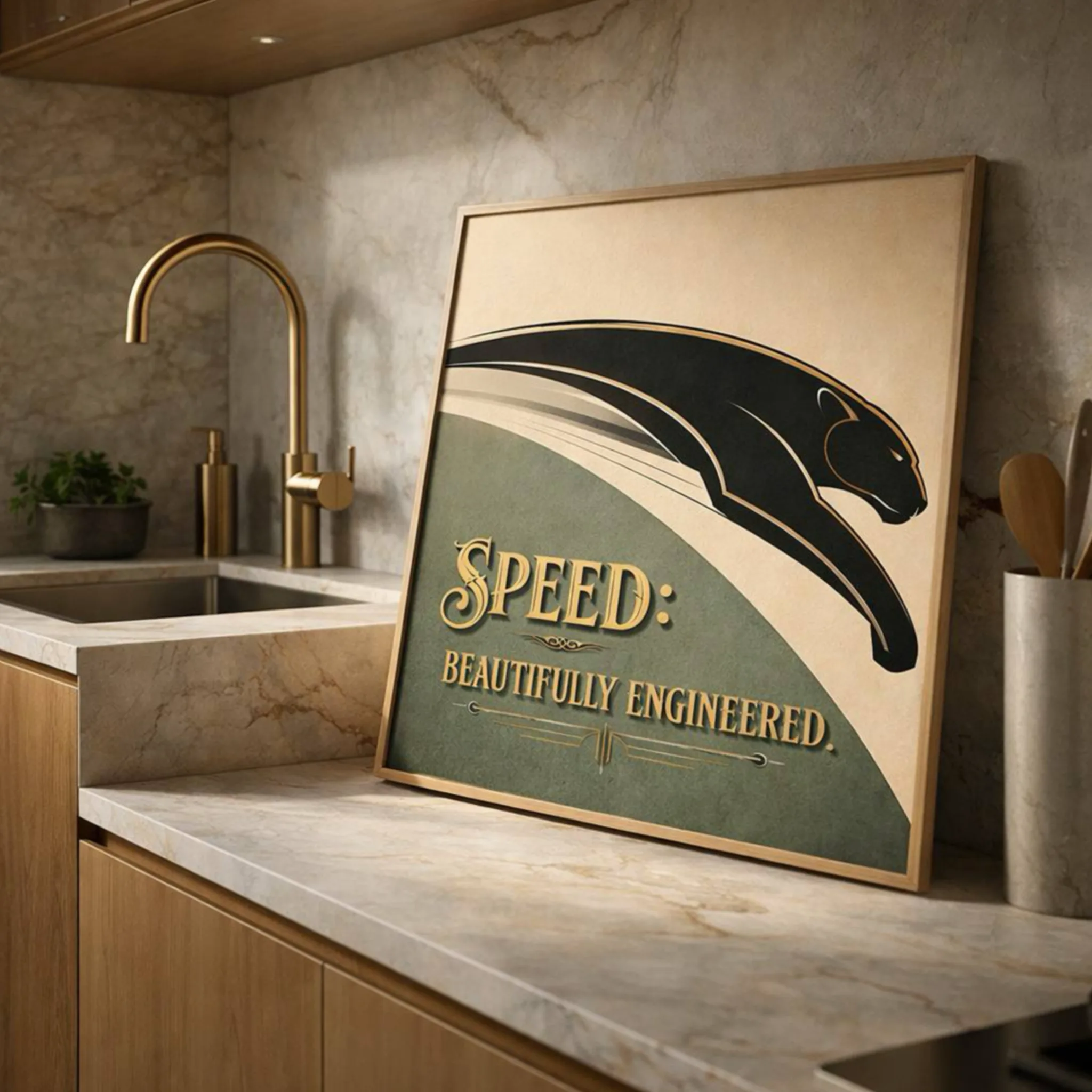 Art Deco vintage poster featuring a leaping black panther with gold typography reading Speed Beautifully Engineered on a sage green and cream background from Aialchemyart.co.uk. Aerodynamic animal wall art