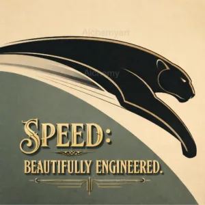 Art Deco vintage Panther poster featuring a leaping black panther with gold typography reading Speed Beautifully Engineered on a sage green and cream background from Aialchemyart.co.uk. Aerodynamic wall art big cat animal wall art