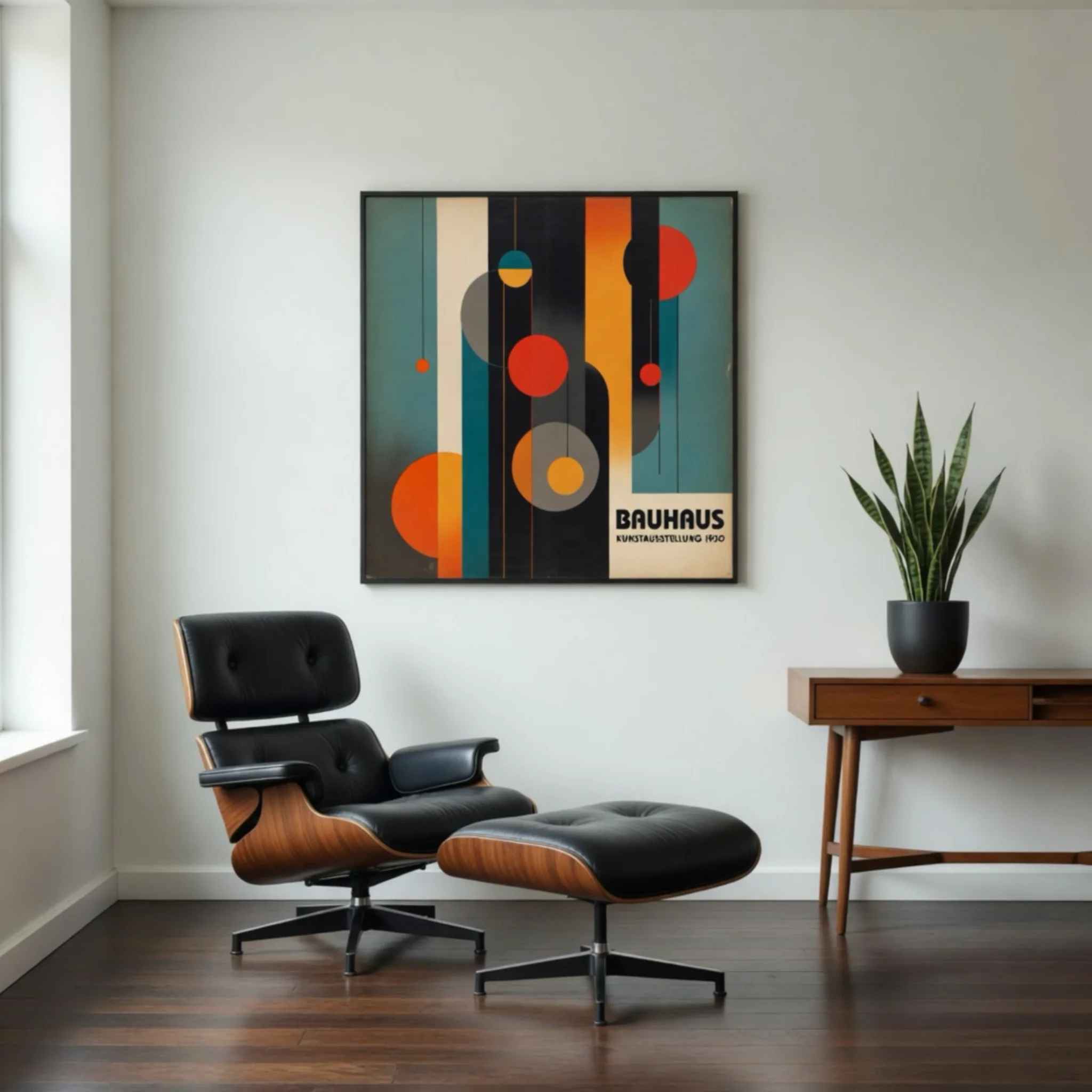 Vintage Bauhaus 1930 exhibition poster with geometric stripes and circles in teal orange black red yellow gray retro affordable art from Aialchemyart.co.uk