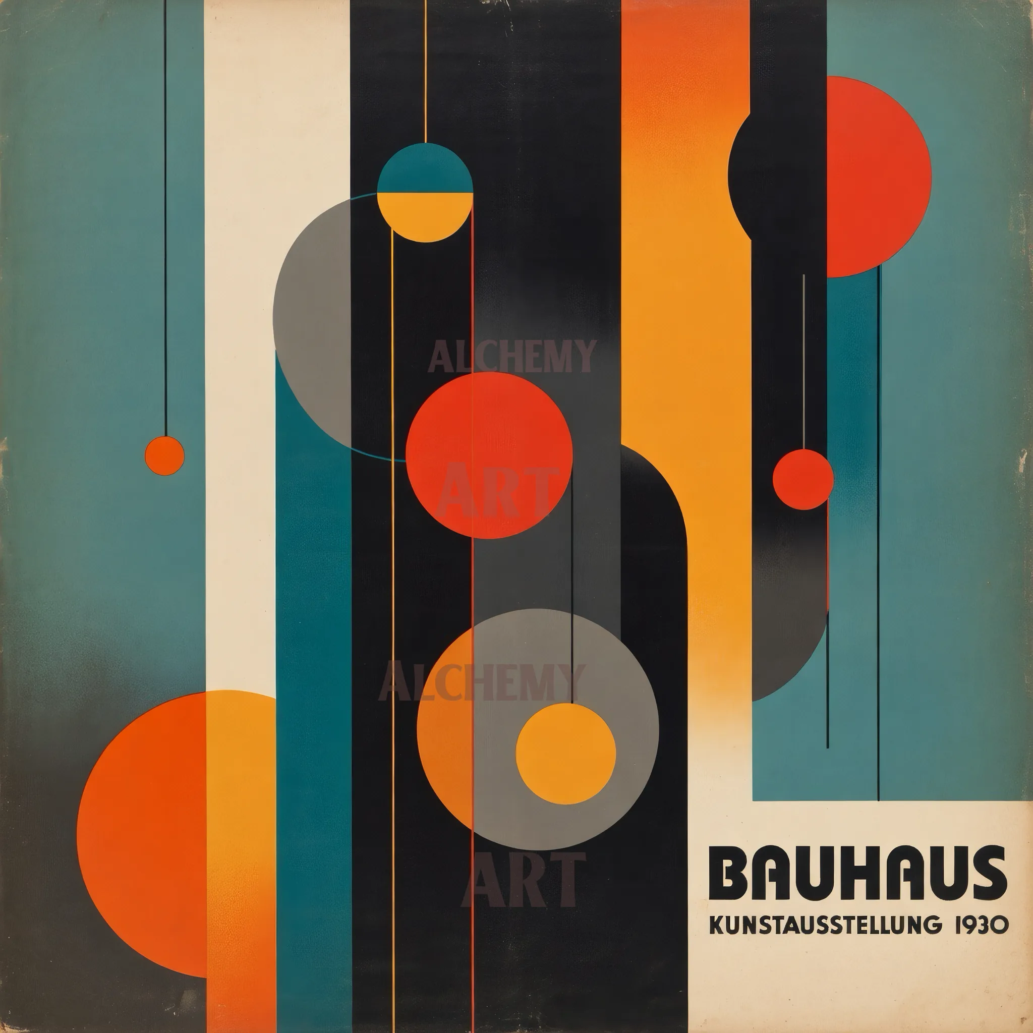 Vintage Bauhaus 1930 exhibition poster with geometric stripes and circles in teal orange black red yellow gray retro affordable art from Aialchemyart.co.uk