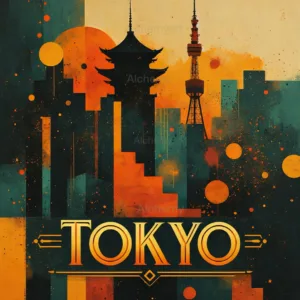 Vintage 1950’s Tokyo Japan travel poster aialchemyart.co.uk best vintage abstract 1950’s prints and posters uk. Retro art deco wall art